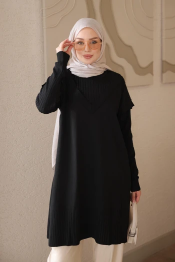 Siyah Kol Yaka Detaylı Merserize Triko Tunik
