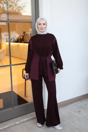 Bordo Bel Bağlamalı Garnili Tunik Pantolonlu Oys Takım