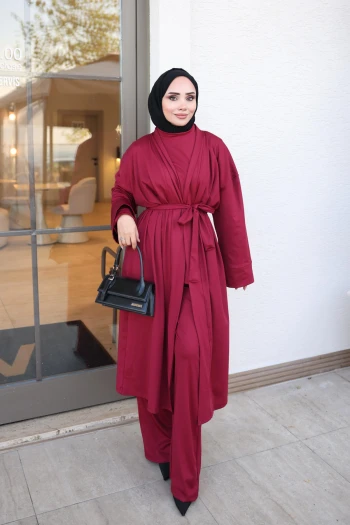 Bordo Bel Bağlamalı Scuba Hırka Bluz Pantolonlu 3'Lü Takım