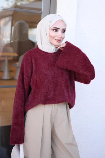 Bordo Bisiklet Yaka Oversize Angora Yumoş Triko Kazak