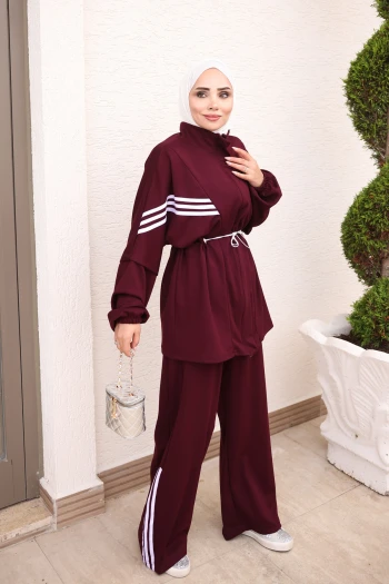 Bordo Gizli Fermuarlı Şeritli Tunik Pantolonlu Modal Takım
