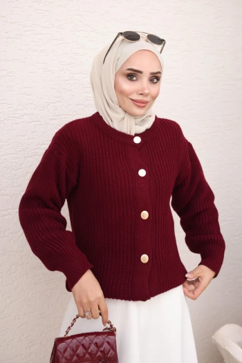 Bordo Selanik Örgü Düğmeli Triko Hırka