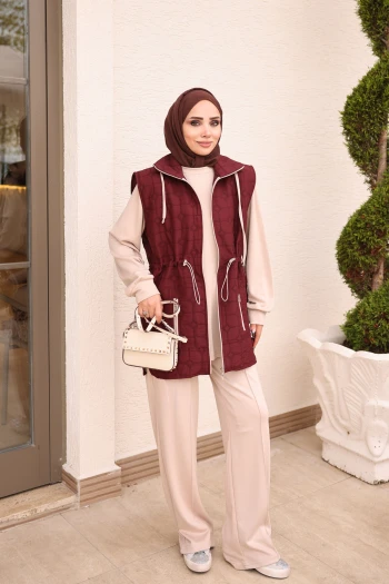 Bordo Yelek Tunik Pantolonlu Üçlü Kombin Takım