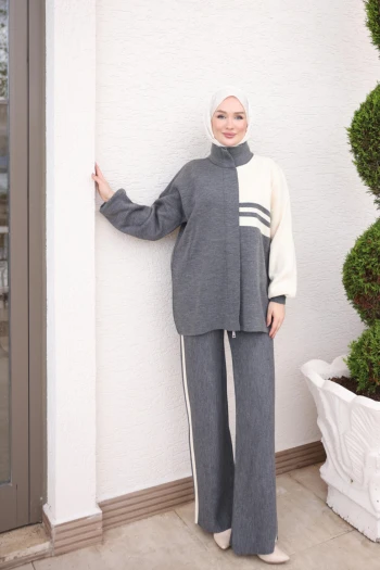 Füme Çizgili Tunik Pantolonlu Triko Takım