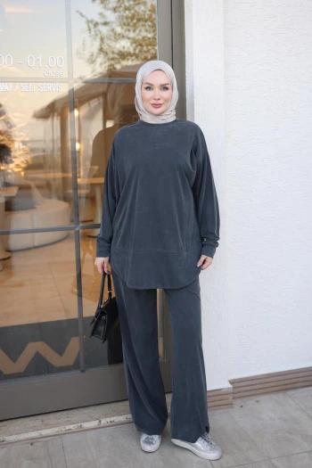 Füme Omuz Pensli Eteği Oval Tunik Pantolonlu Modal Takım
