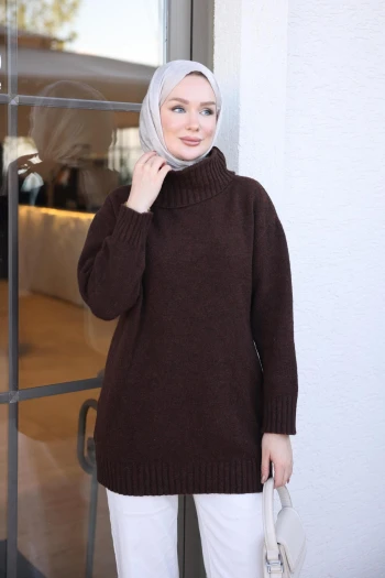 Kahverengi Balıkçı Yaka Yumoş Dokulu Triko Kazak