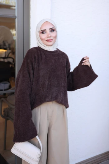 Kahverengi Bisiklet Yaka Oversize Angora Yumoş Triko Kazak