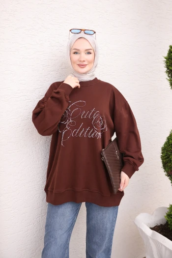 Kahverengi Boncuk İşlemeli İki İplik Sweatshirt