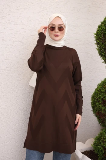 Kahverengi Soğuk İplik Bisiklet Yaka Triko Tunik