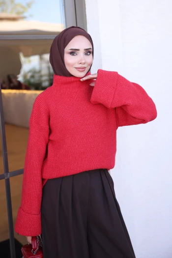 Kırmızı Dik Yaka Geniş Kol Triko Kazak