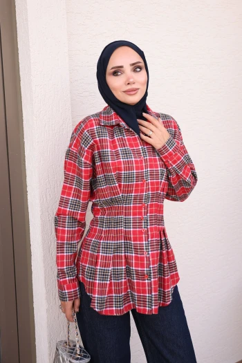 Kırmızı Ekoseli Önü Pensli Gömlek