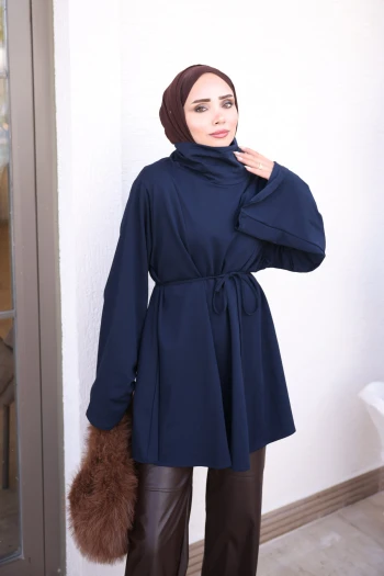 Lacivert Bel Bağlamalı Dik Yaka Tunik