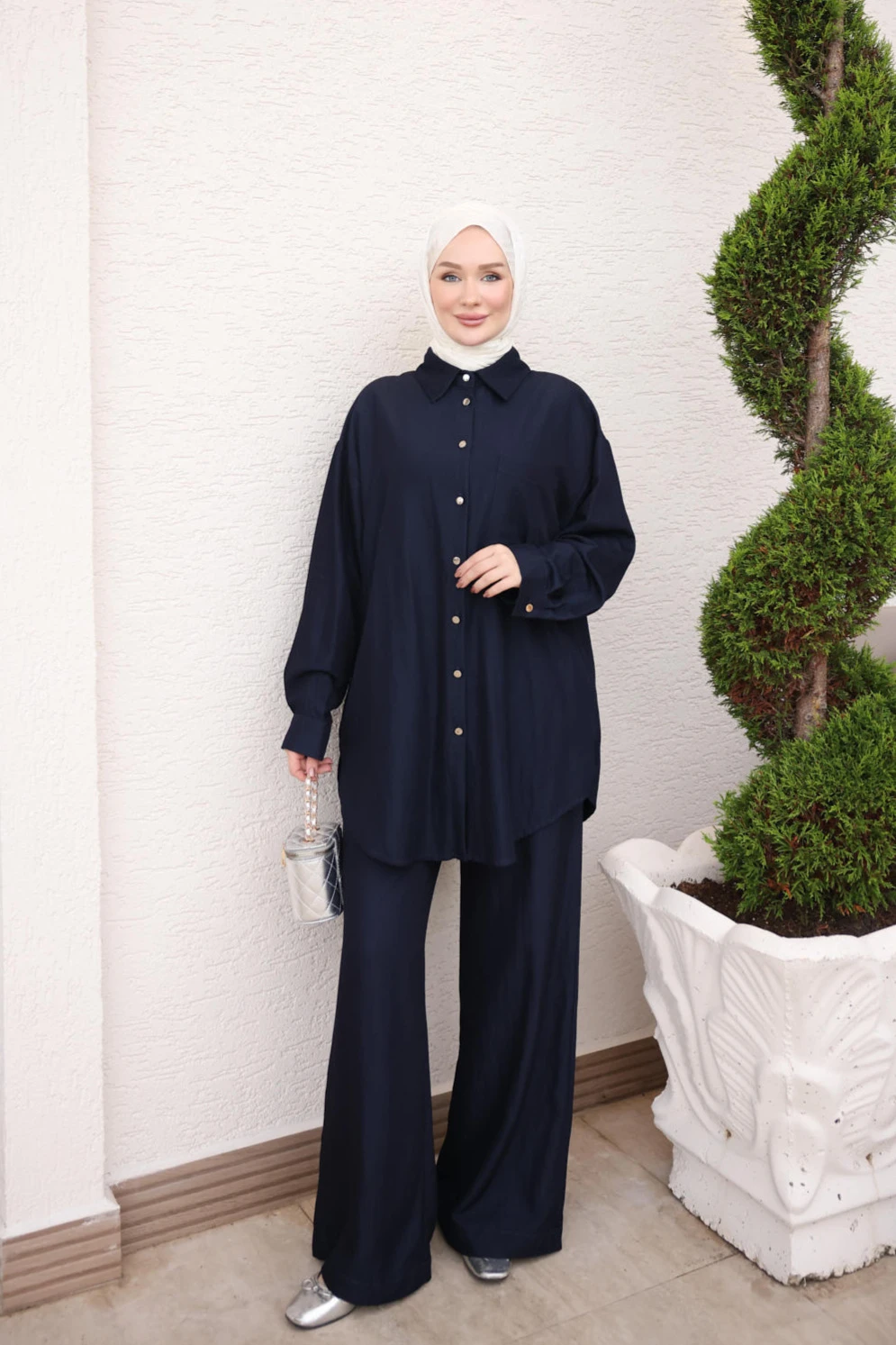 Lacivert Düğmeli Tunik Pantolonlu Takım