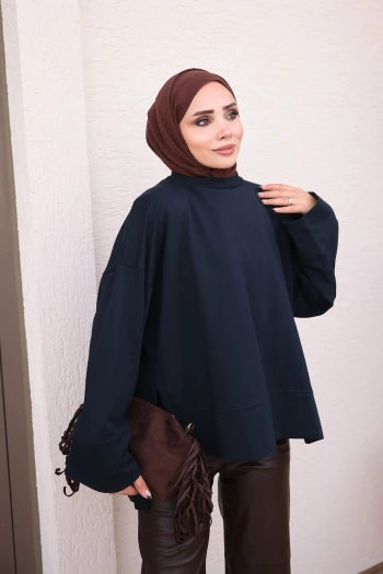 Lacivert Geniş Kol Yırtmaçlı Modal Sweatshirt