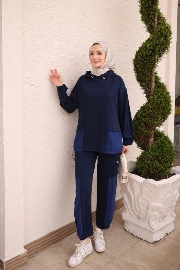 Lacivert Kapüşonlu Cupra Garnili Tunik Pantolonlu Takım