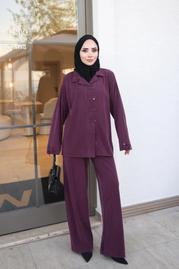 Mürdüm Biritli Düğme Detaylı Tunik Pantolonlu Pike Modal Takım