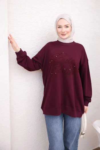 Mürdüm Boncuk İşlemeli İki İplik Sweatshirt