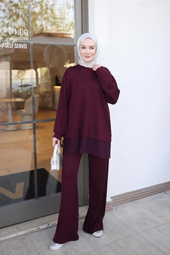 Mürdüm Eteği Piliseli Tunik Pantolonlu Takım