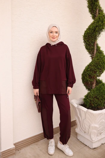 Mürdüm Kapüşonlu Cupra Garnili Tunik Pantolonlu Takım