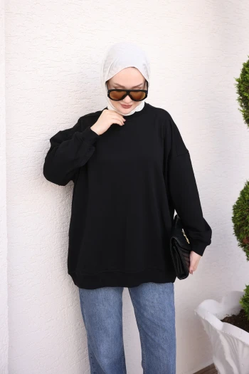Siyah Bisiklet Yaka Oversize Basic Sweatshirt