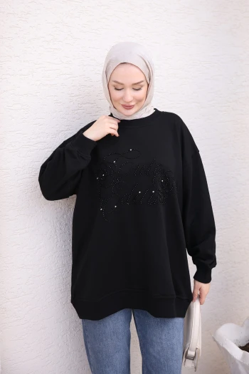 Siyah Boncuk İşlemeli İki İplik Sweatshirt