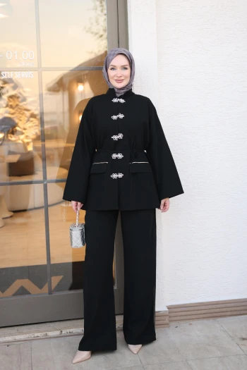 Siyah Çin Düğümü Biyeli Ceket Pantolonlu Takım