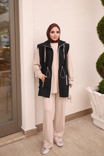 Siyah Yelek Tunik Pantolonlu Üçlü Kombin Takım