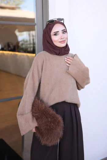 Vizon Bisiklet Yaka Oversize Angora Yumoş Triko Kazak