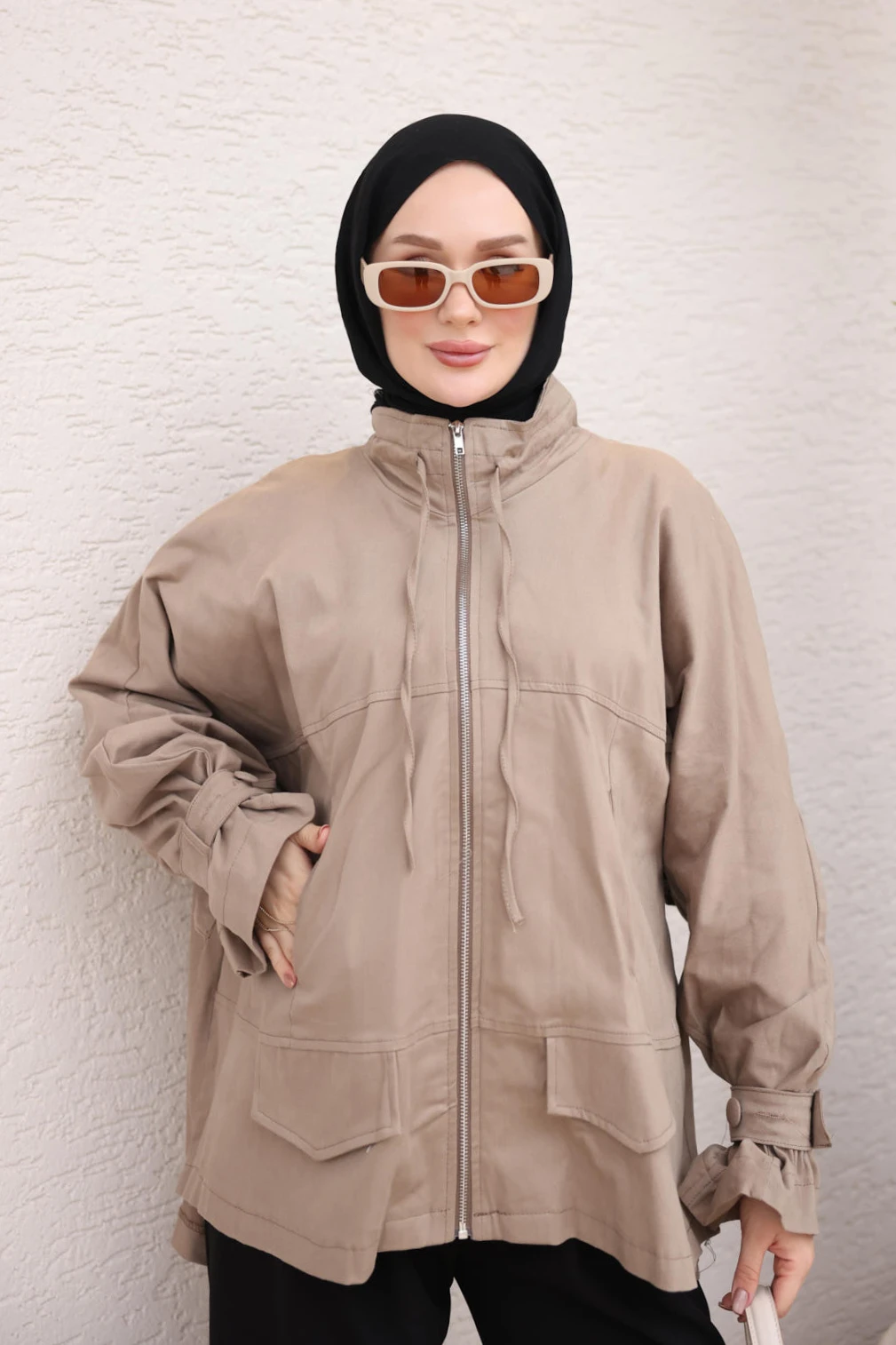 Vizon Oversize Yaka Bağlamalı Fermuarlı Ceket