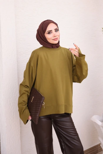 Yağ Yeşili Bisiklet Yaka Oversize Modal Sweat